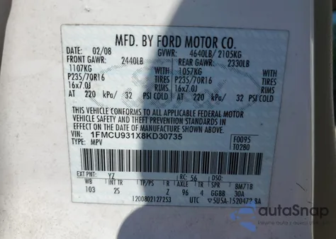 2008 Ford Escape Xlt из США, поврежденный, VIN 1FMCU931X8KD30735